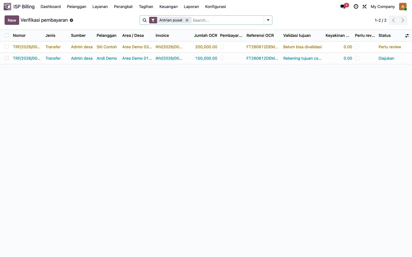 Antrian bukti transfer demo: Andi Demo menunggu verifikasi NOC, slip Bank Contoh atas nama PT Demo Telemedia. Bukan lunas otomatis. Bukan data produksi.