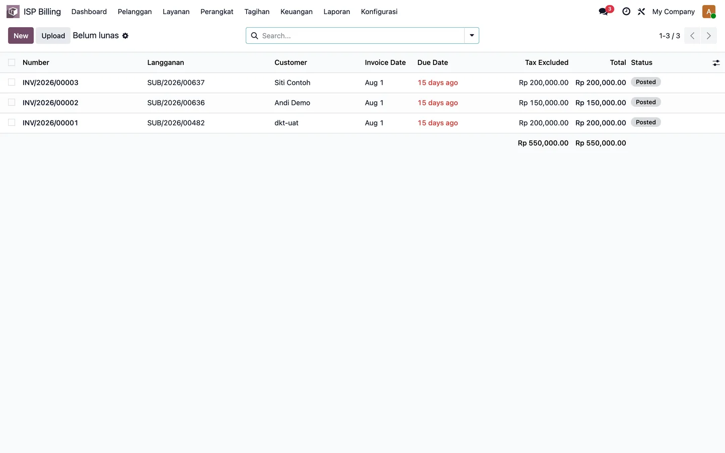 Daftar tagihan demo INV/2026/DEMO-01 sampai DEMO-04 untuk Andi Demo dan Siti Contoh di Area / RT RW 01/02 dan 03/04, username demo-081200000001. Bukan data pelanggan nyata.