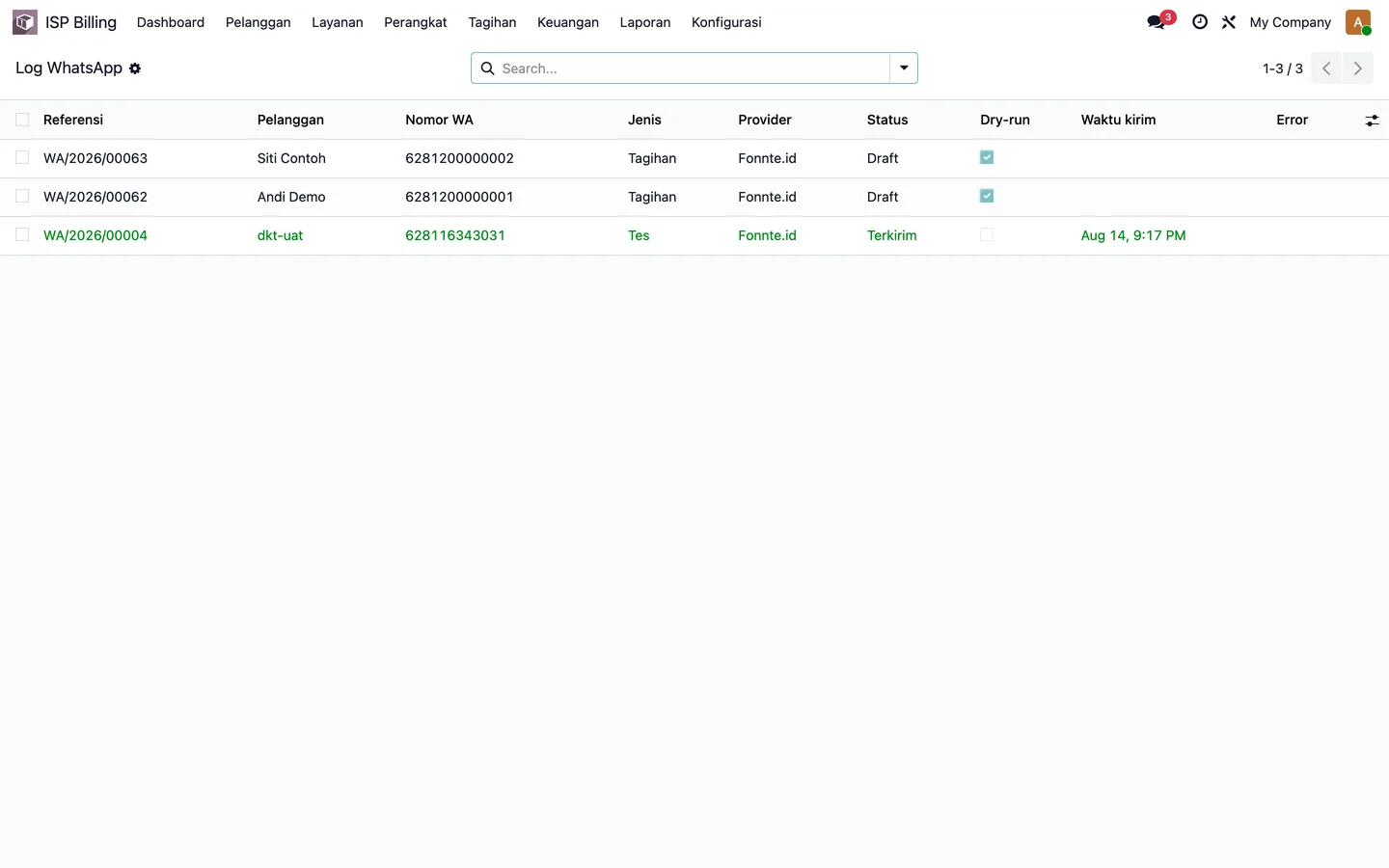 Pengaturan demo: isolir otomatis dalam posisi nonaktif, plus antrian WhatsApp untuk Andi Demo dan Siti Contoh. Bukan blast. Bukan data produksi.